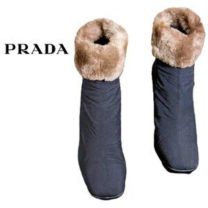 Vintage Prada Fur Trim Ankle Boots 1990s Archive Made in Italy Authentic Sz 7.5